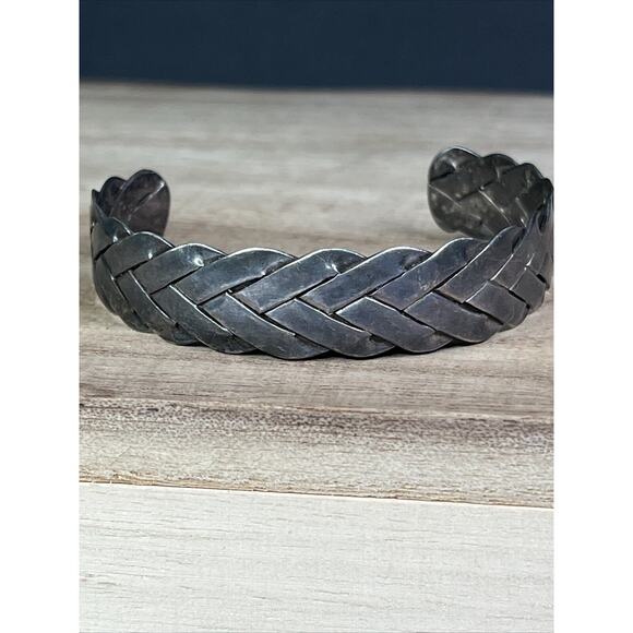 Vintage MEXICO Cuff BRACELET Sterling Silver Intertwined Chevron Braided Pattern - Picture 1 of 14